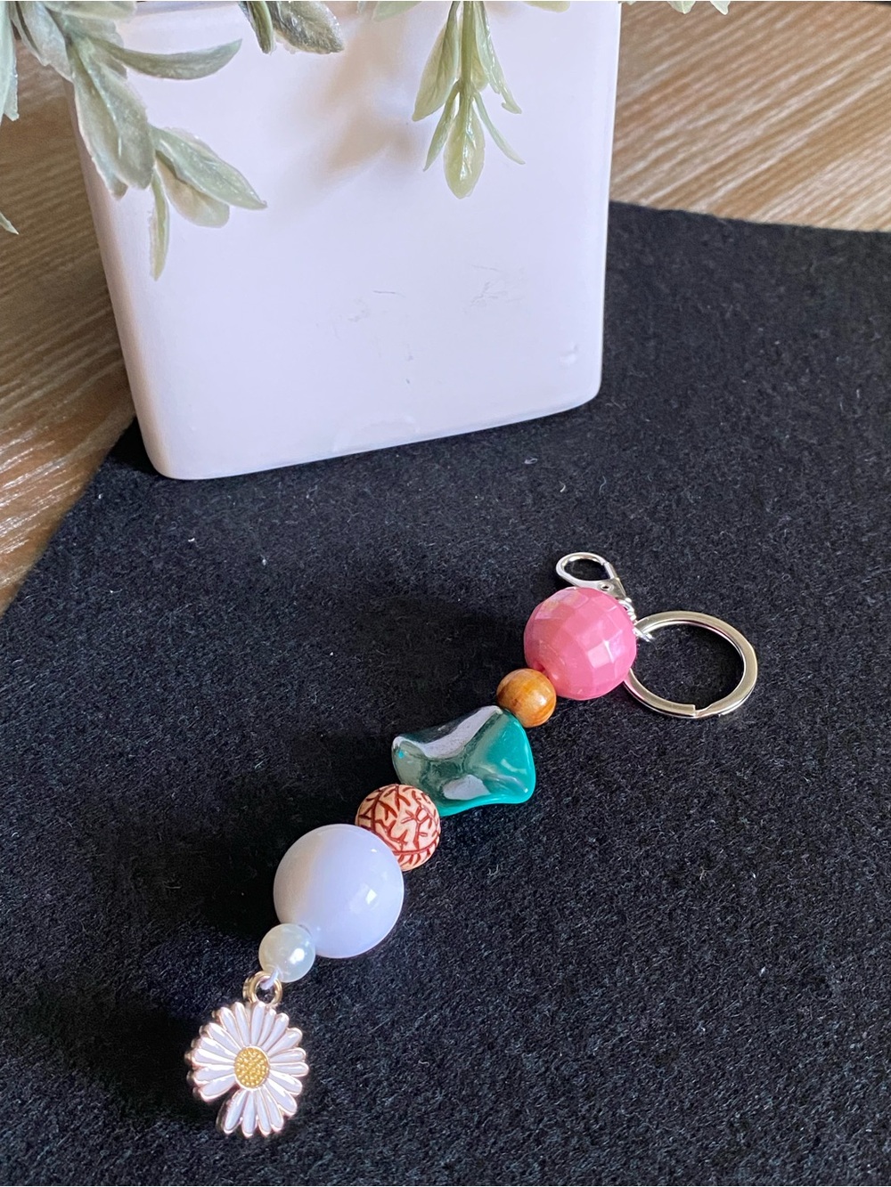 Handmade Pink, Green, White Beaded Keychain
